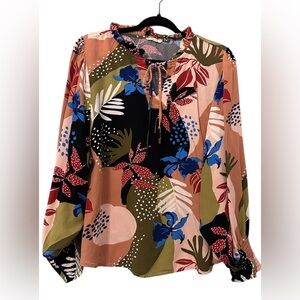 EASEL Tropical Floral Long Sleeve Blouse with Tie Neck Sz 1X